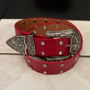 Stylish Red Belt with Silver Buckle